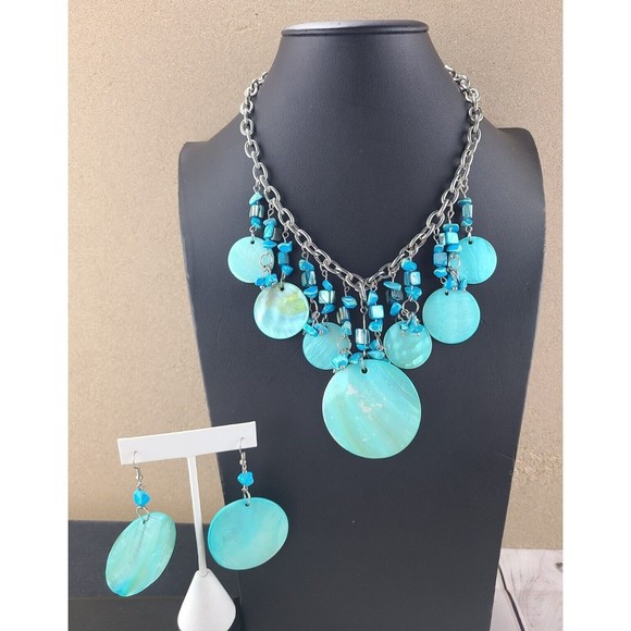 Seashells Aqua Beads Silver-Tone Statement Necklace with Dangle Earrings Set 18" - Picture 1 of 8